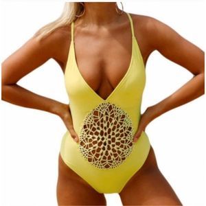 Women's Yellow Crochet Front One-Piece Swimsuit M